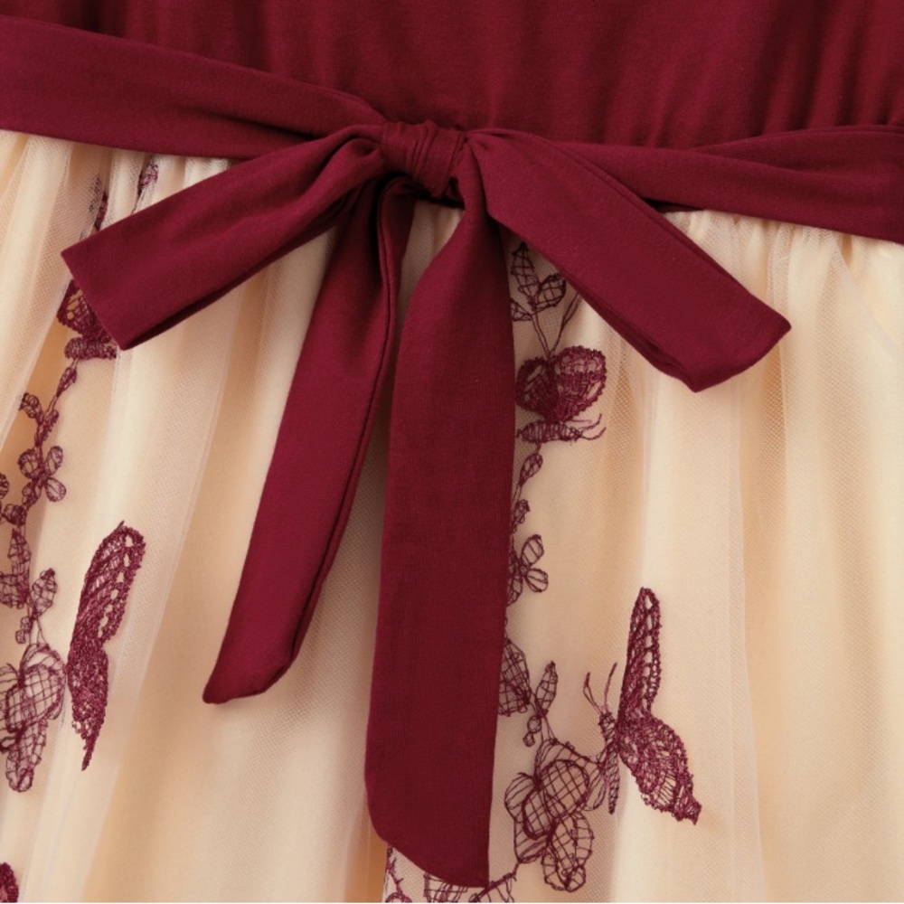 Burgundy Off-Shoulder Butterfly Embroidered Tulle / Mesh Dress, Women Size S - Picture 2 of 10